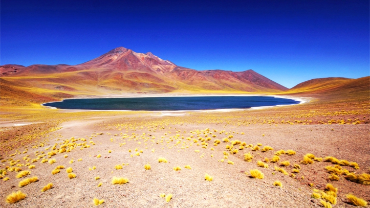 Vista das lagoas altiplánicas de Atacama e do morro ao fundo