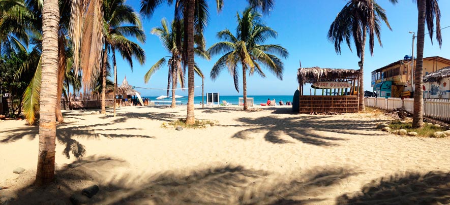 Areias e palmeiras na praia de Mancora